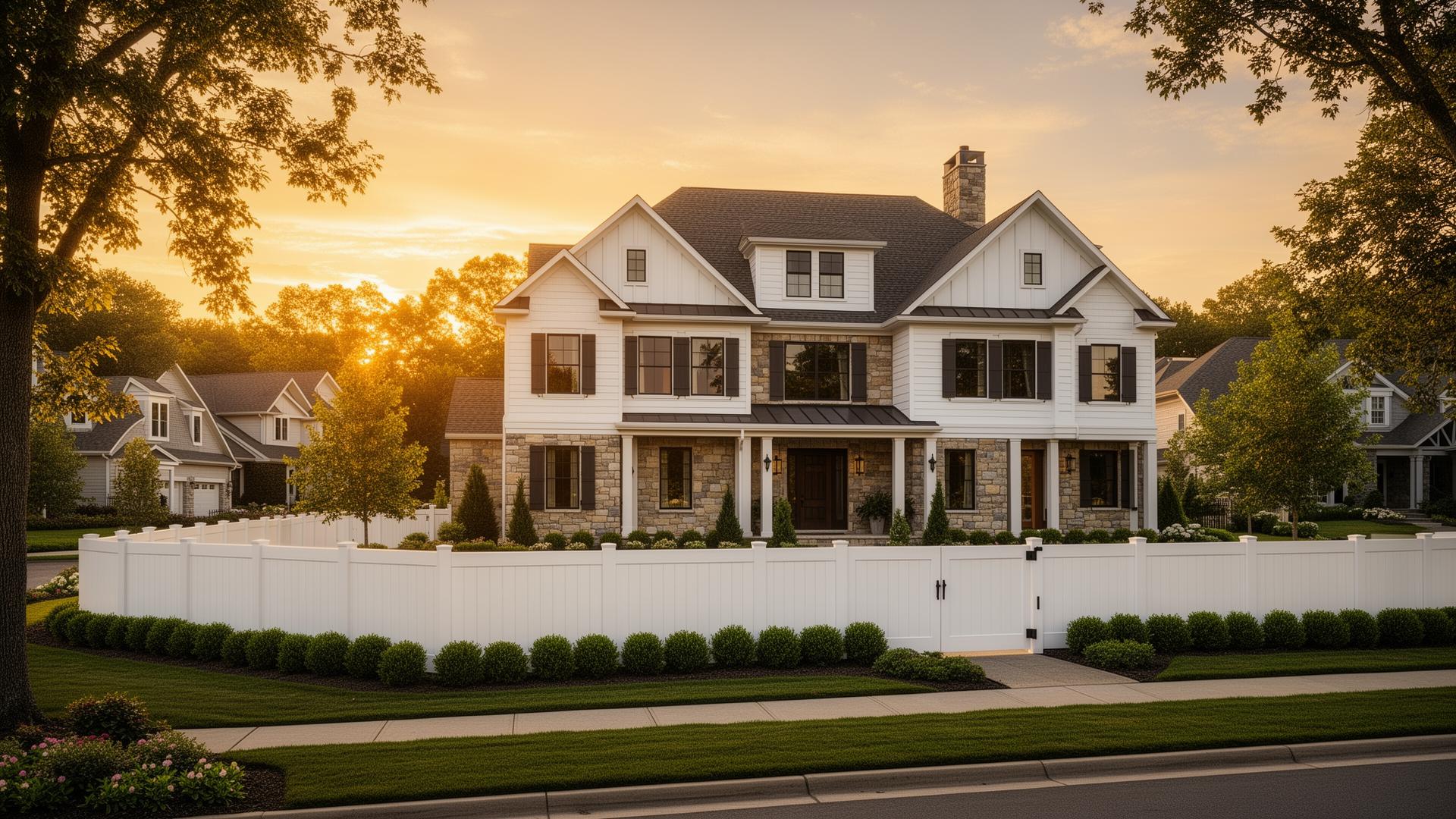 Luxury American home showcasing UNA Outdoor vinyl fencing, mouldings, siding and finishing systems
