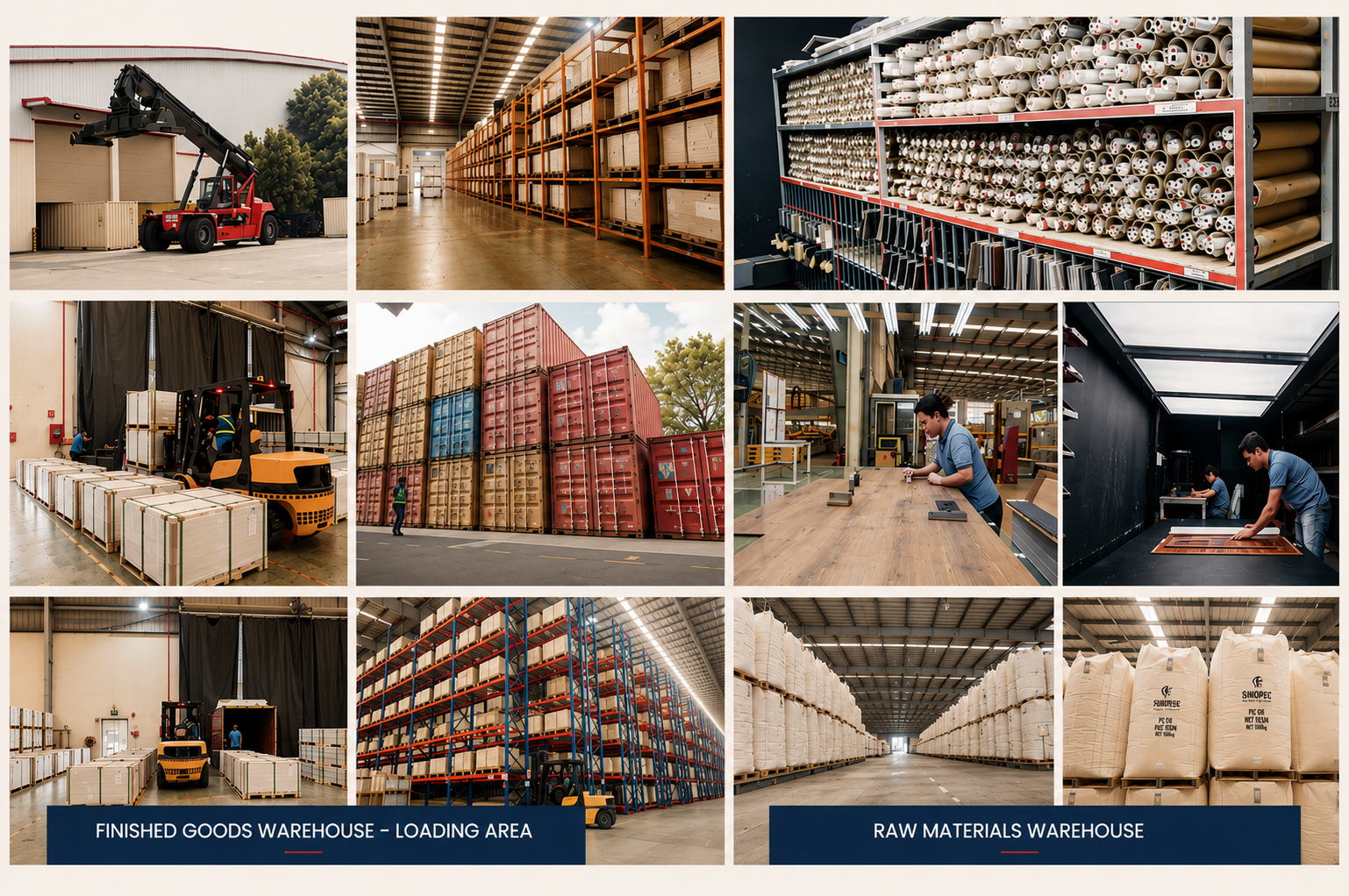 Outdoor finished goods warehouse, loading area and raw materials warehouse